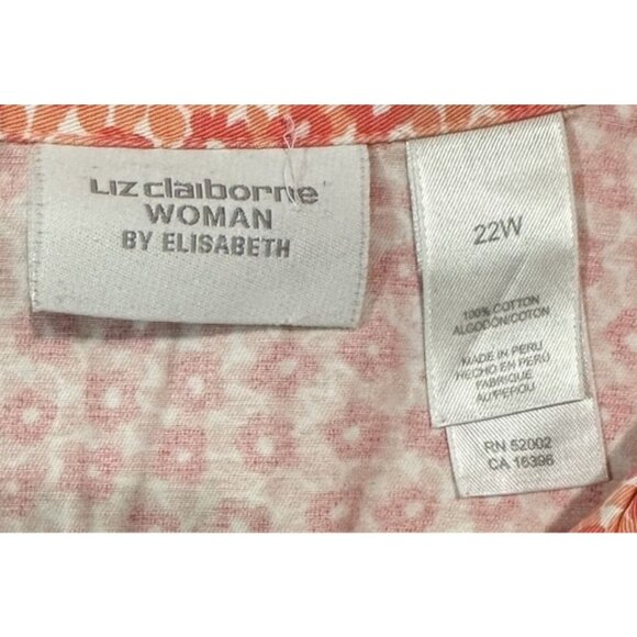 Liz Claiborne Woman Coral Cotton Floral Button-Up Blouse Size 22W Short Sleeve - Picture 7 of 9